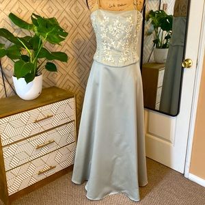 Moss-grey floor length gown with wrap